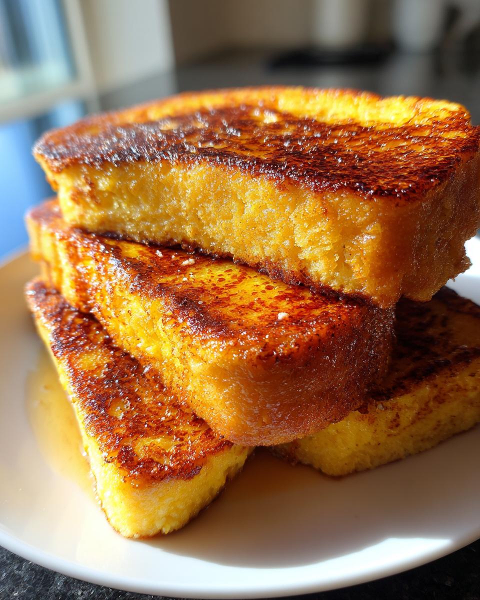 Close-up of a stack of three thick slices of golden brown easy french toast drizzled with syrup.