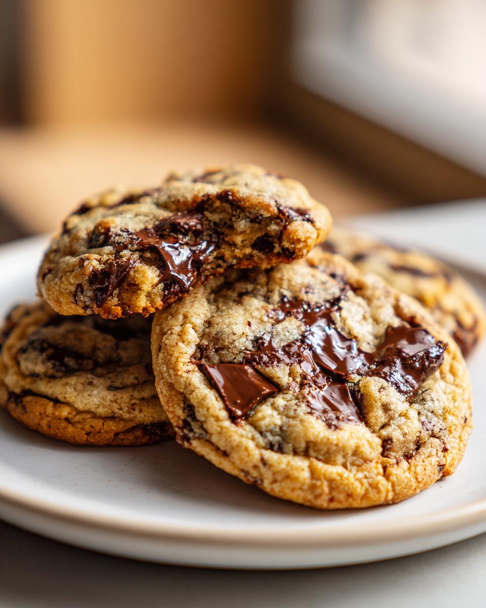 Close-up of gooey small batch chocolate chip cookies stacked on a plate with melted chocolate.
