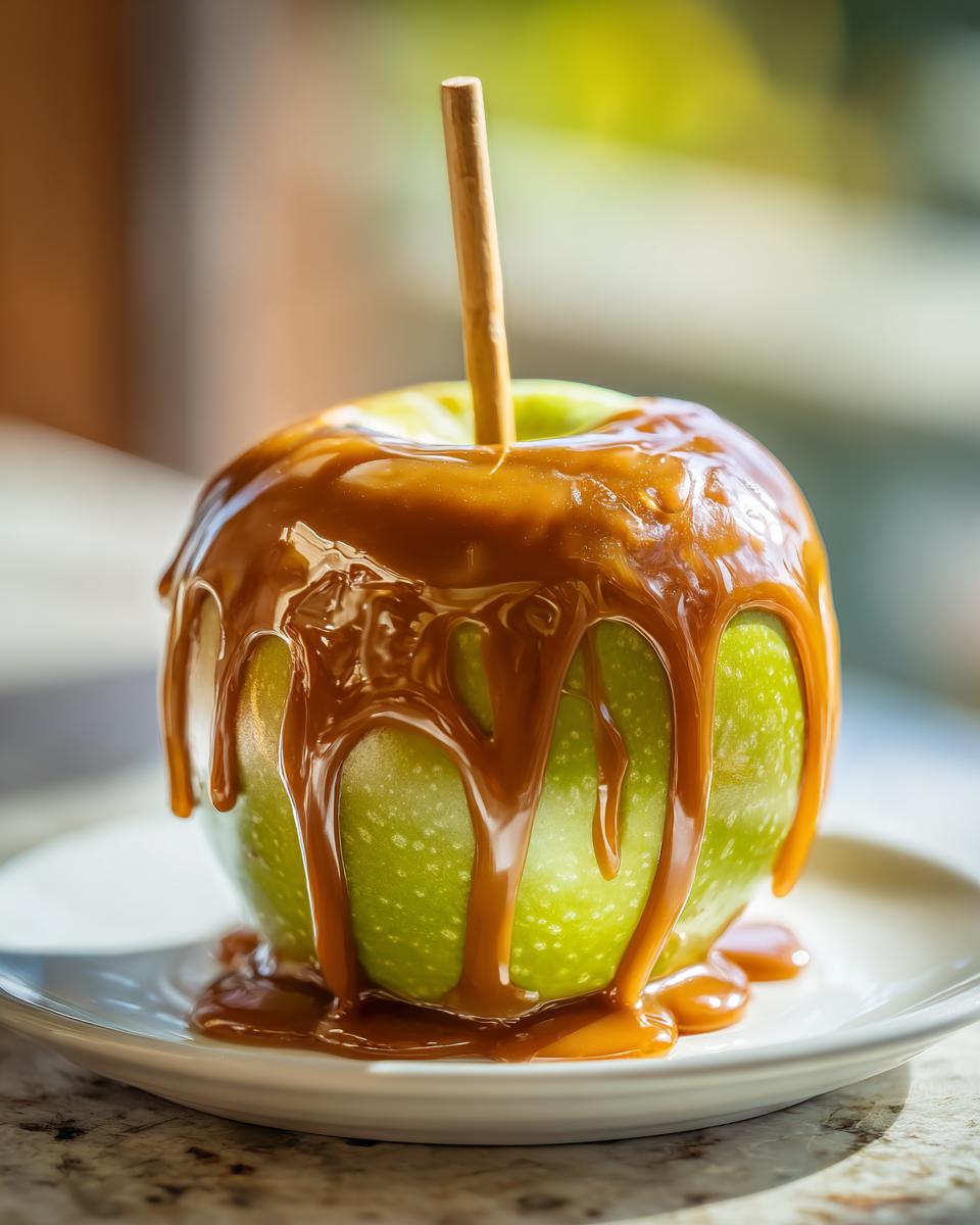 A bright green apple covered in thick, dripping caramel sauce, served on a white plate with a wooden stick.