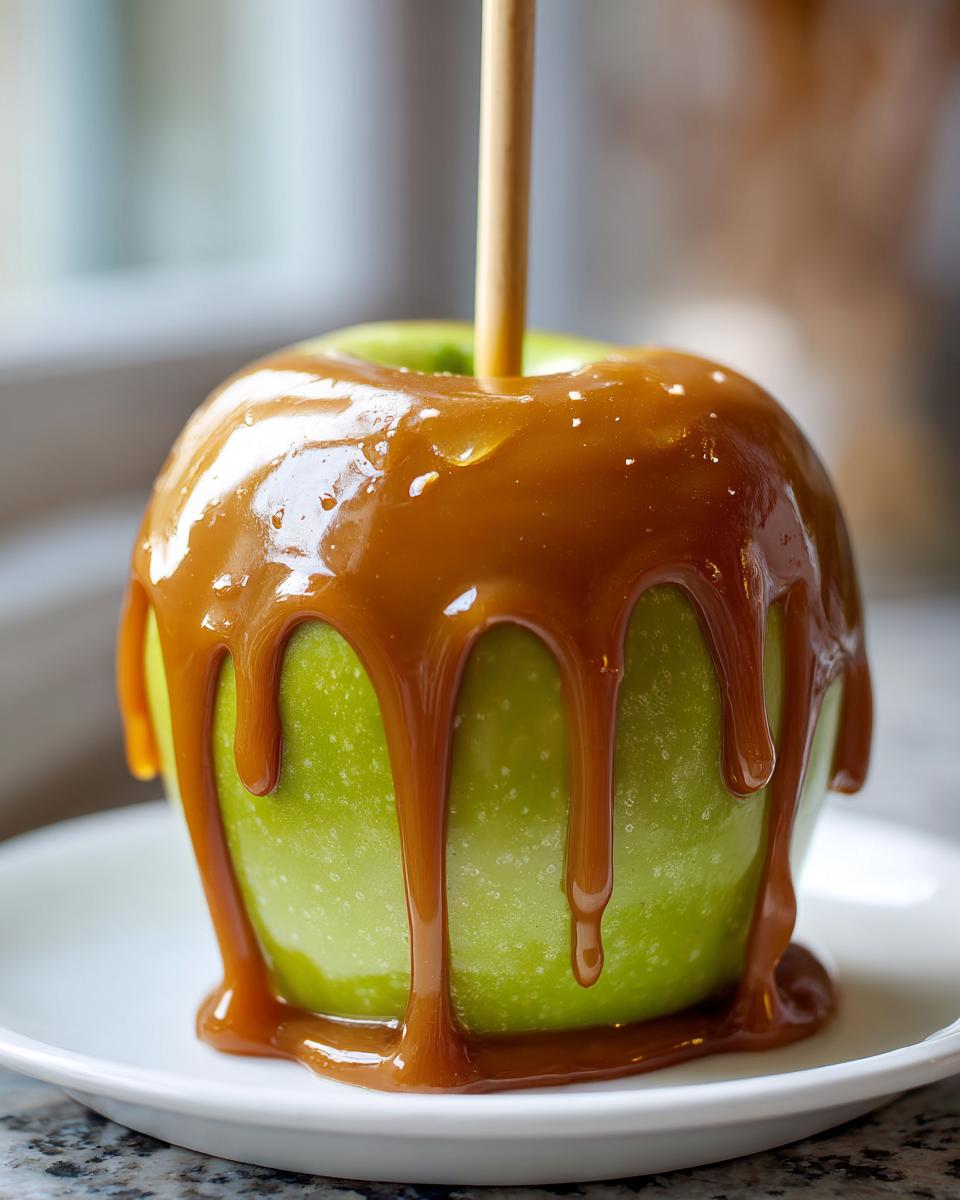 A bright green apple generously coated in dripping, glossy caramel, ready to eat as a caramel apple.