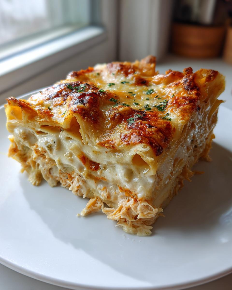 A square slice of layered green chile chicken enchiladas casserole with a golden-brown cheesy top.