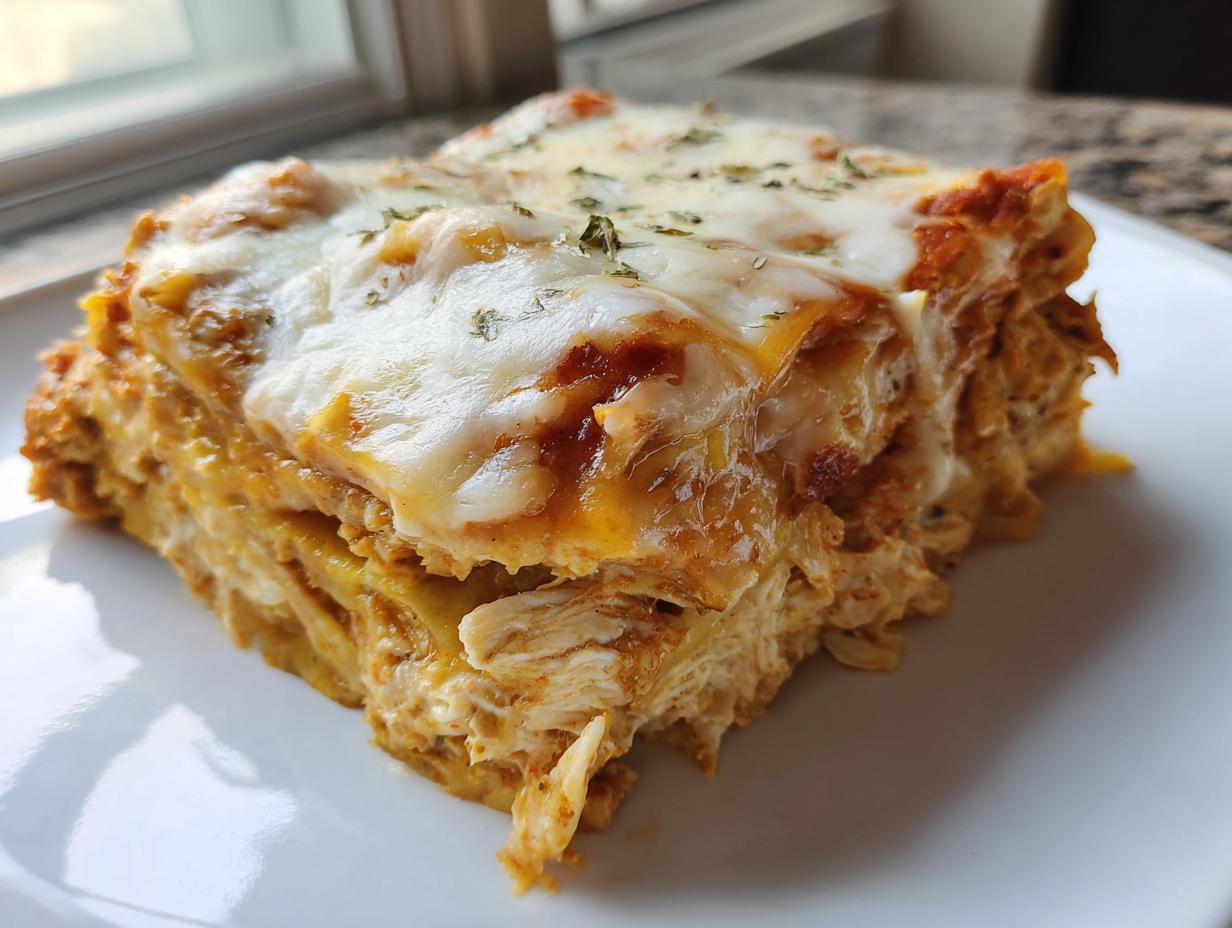A thick, layered slice of green chile chicken enchiladas casserole topped with melted white cheese and herbs.