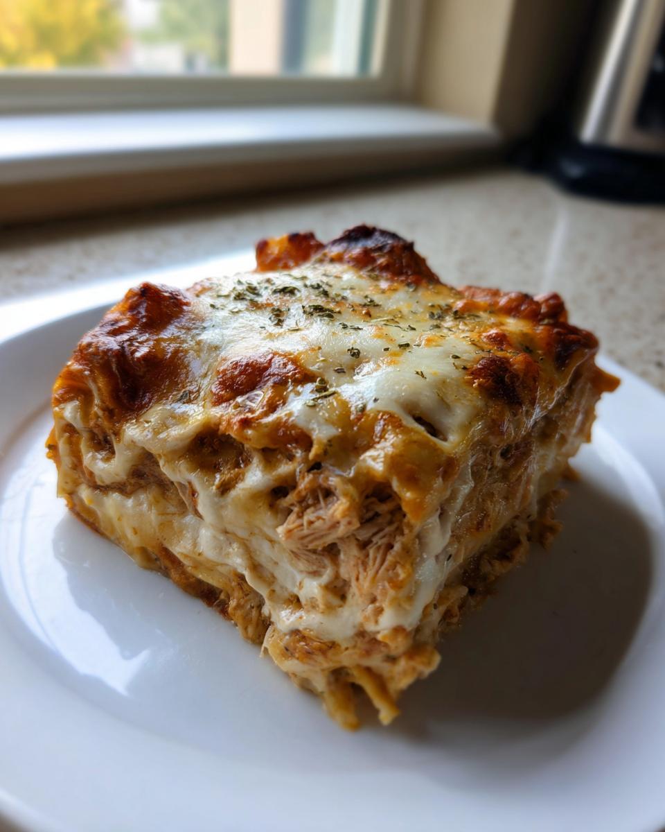 A square serving of layered green chile chicken enchiladas topped with melted cheese and herbs.