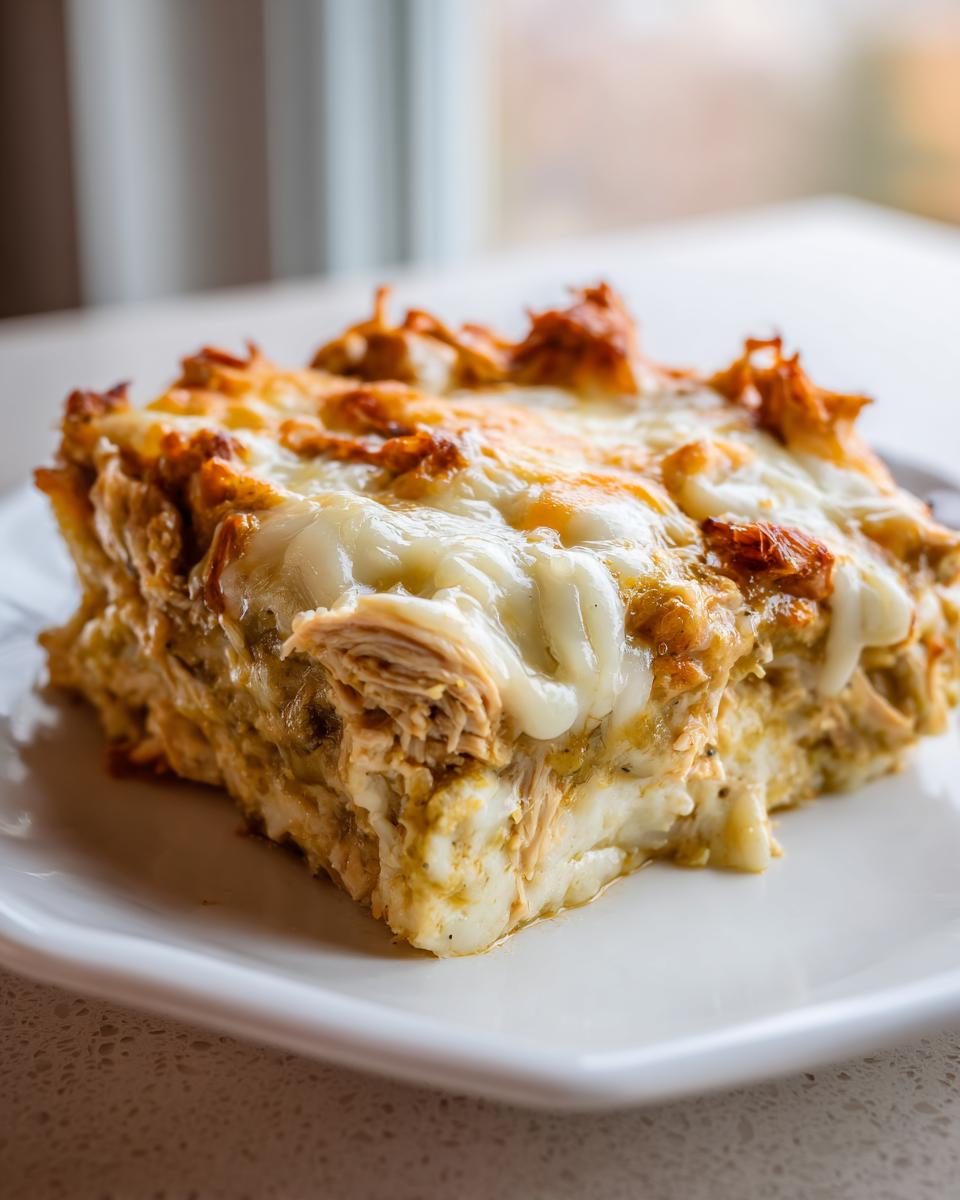 A square slice of baked green chile chicken enchiladas casserole topped with melted white cheese.