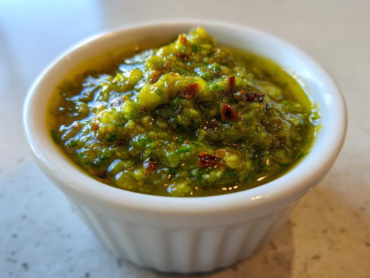 A close-up of vibrant, chunky green tomato salsa, glistening with oil, served in a small white ramekin.