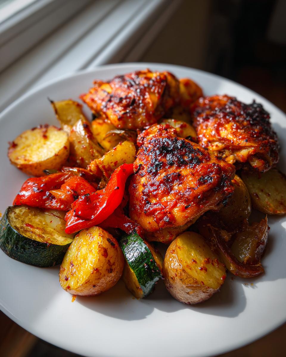 Portion of spicy harissa chicken served with roasted potatoes, zucchini, and red peppers on a white plate.