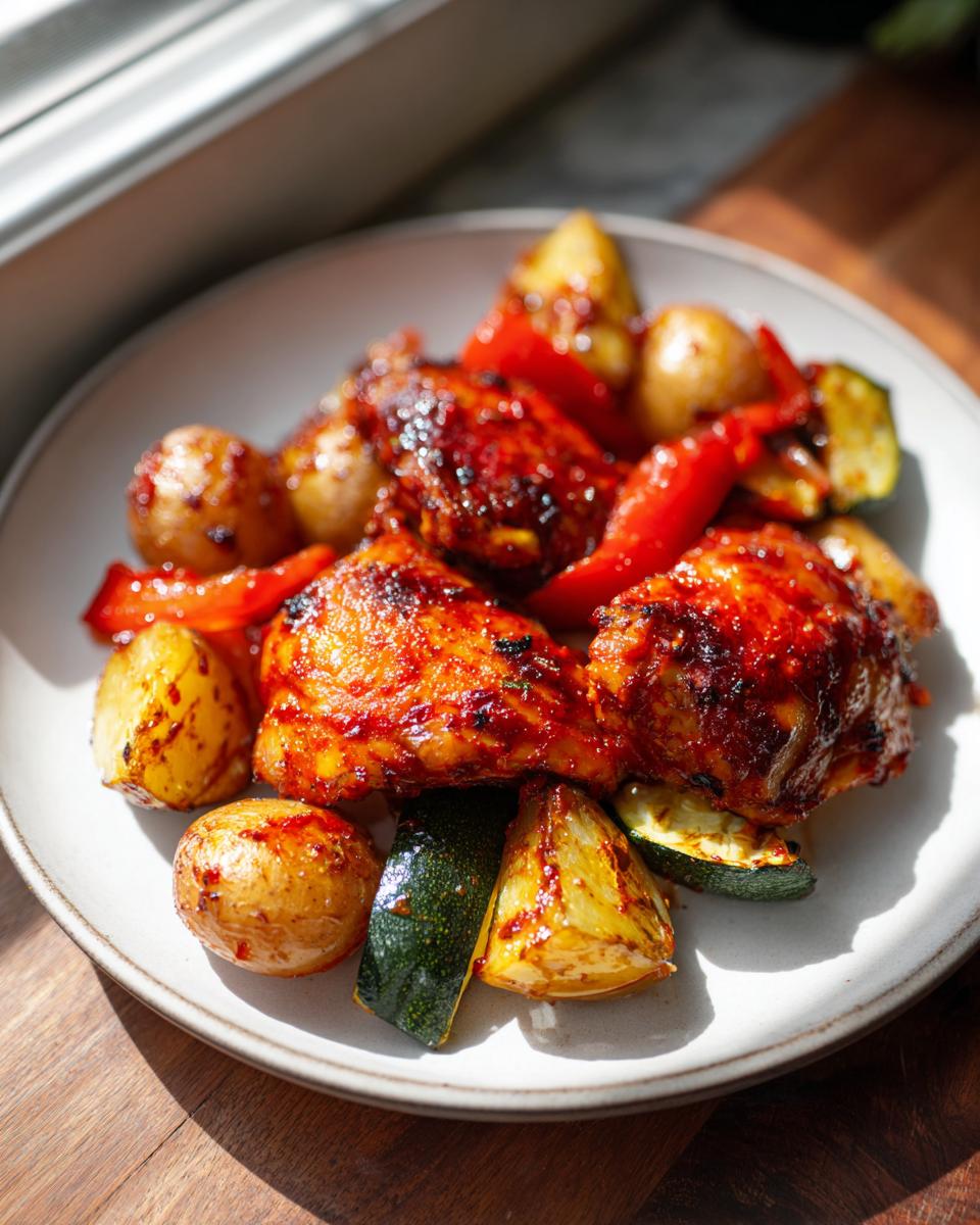 Close-up of glazed harissa chicken pieces served with roasted potatoes, zucchini, and red peppers on a white plate.