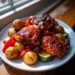 Three pieces of glazed harissa chicken served on a white plate with roasted baby potatoes, red peppers, and zucchini.