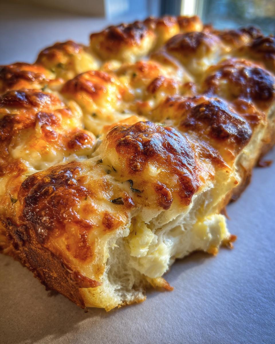 Close-up of baked Hawaiian roll garlic bread with melted, browned cheese topping.
