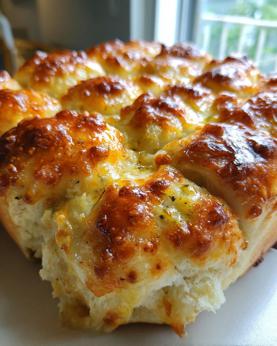 Close-up of freshly baked Hawaiian roll garlic bread with a golden, cheesy, and buttery topping.