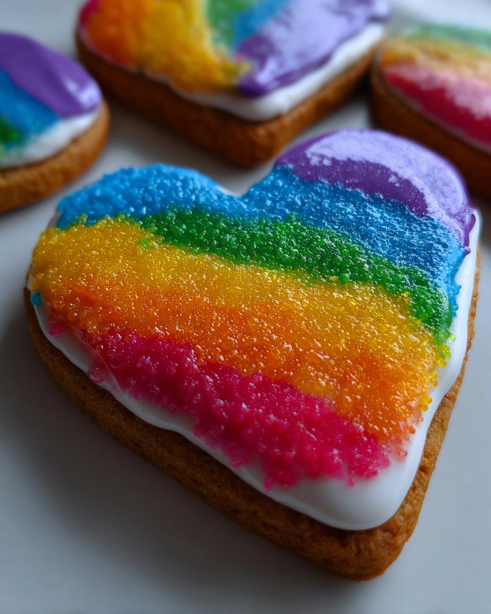 Close-up of a heart-shaped cookie decorated with vibrant rainbow stripes using a hard-drying cookie icing recipe and sprinkles.