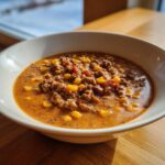 A close-up of a white bowl filled with rich, meaty cowboy soup featuring ground beef, corn, and tomatoes.