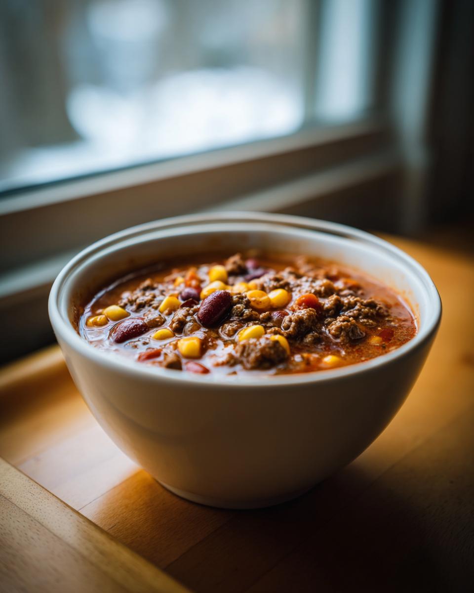 A close-up of a white bowl filled with rich cowboy soup, featuring ground meat, kidney beans, and corn kernels.