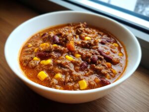 Close-up of a white bowl filled with rich, thick cowboy soup containing ground meat, kidney beans, and corn.