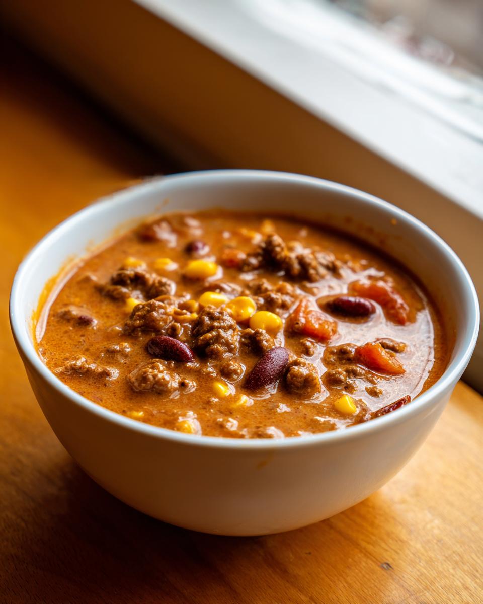 Close-up of a white bowl filled with rich, thick cowboy soup featuring ground beef, kidney beans, and corn.