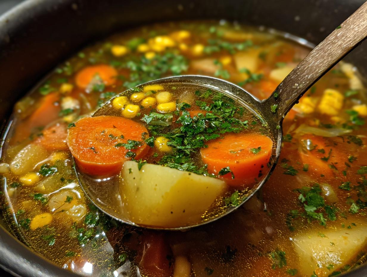 Close-up of a ladle scooping rich vegetable soup filled with carrots, potatoes, corn, and fresh parsley.