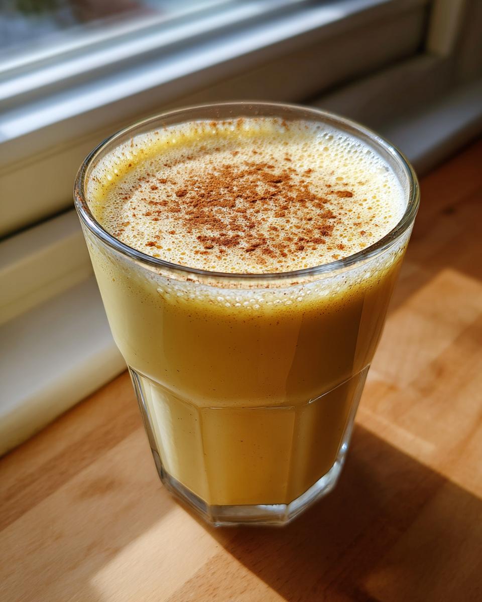 A tall glass of rich, yellow homemade eggnog topped with frothy foam and sprinkled with cinnamon.
