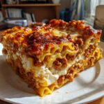 A thick, layered slice of homemade lasagna featuring rich meat sauce and creamy cheese, with a beautifully browned, crispy top.