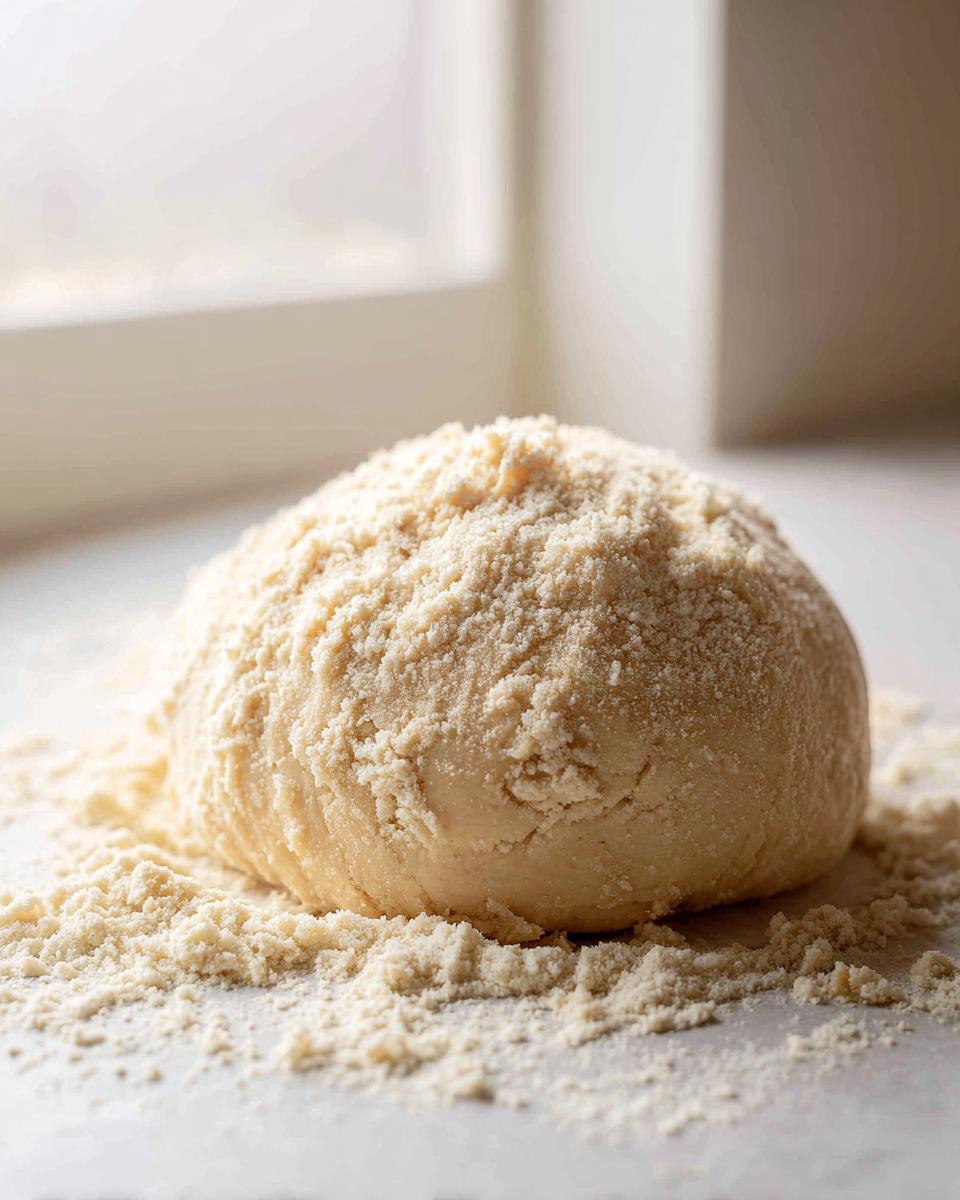 A smooth ball of homemade marzipan recipe dough resting on a surface dusted with fine almond powder.