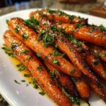 Close-up of tender, roasted honey glazed carrots coated in a shiny glaze and sprinkled with fresh parsley.