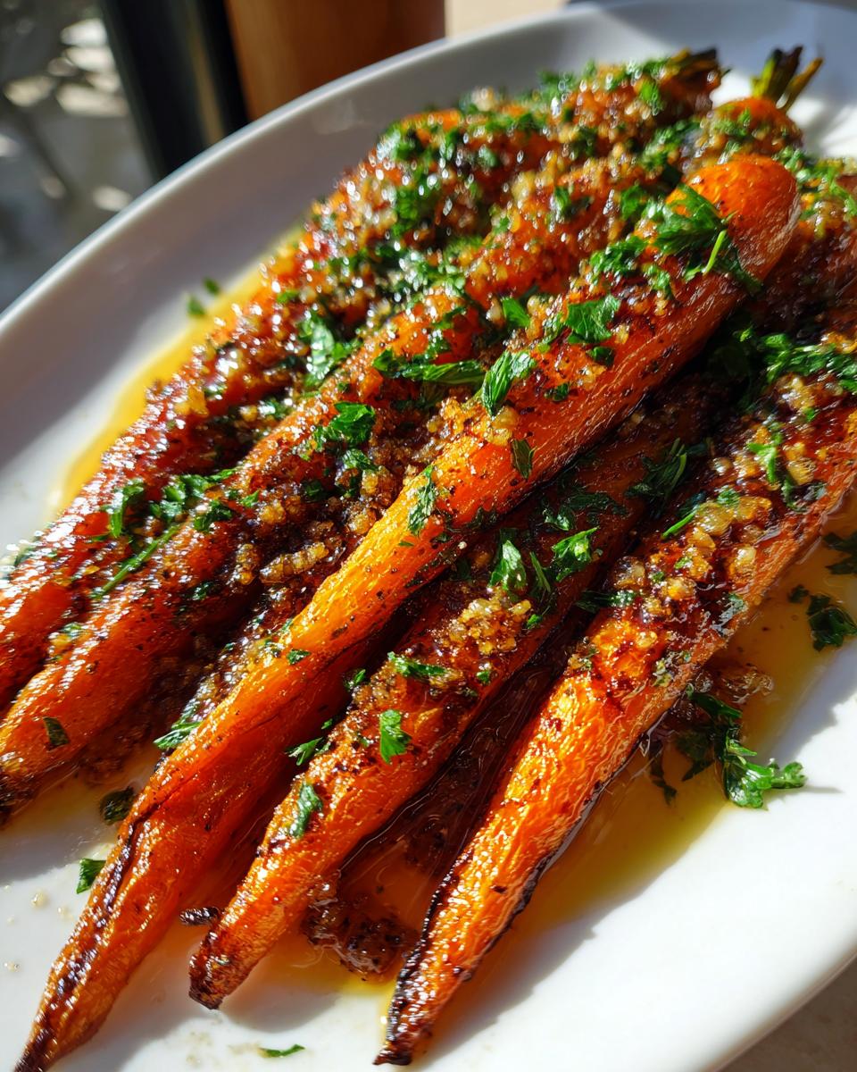 Close-up of roasted honey glazed carrots covered in a savory garlic and herb topping.