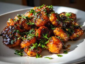 A close-up of glistening, caramelized honey glazed carrots topped with fresh chopped parsley on a white plate.
