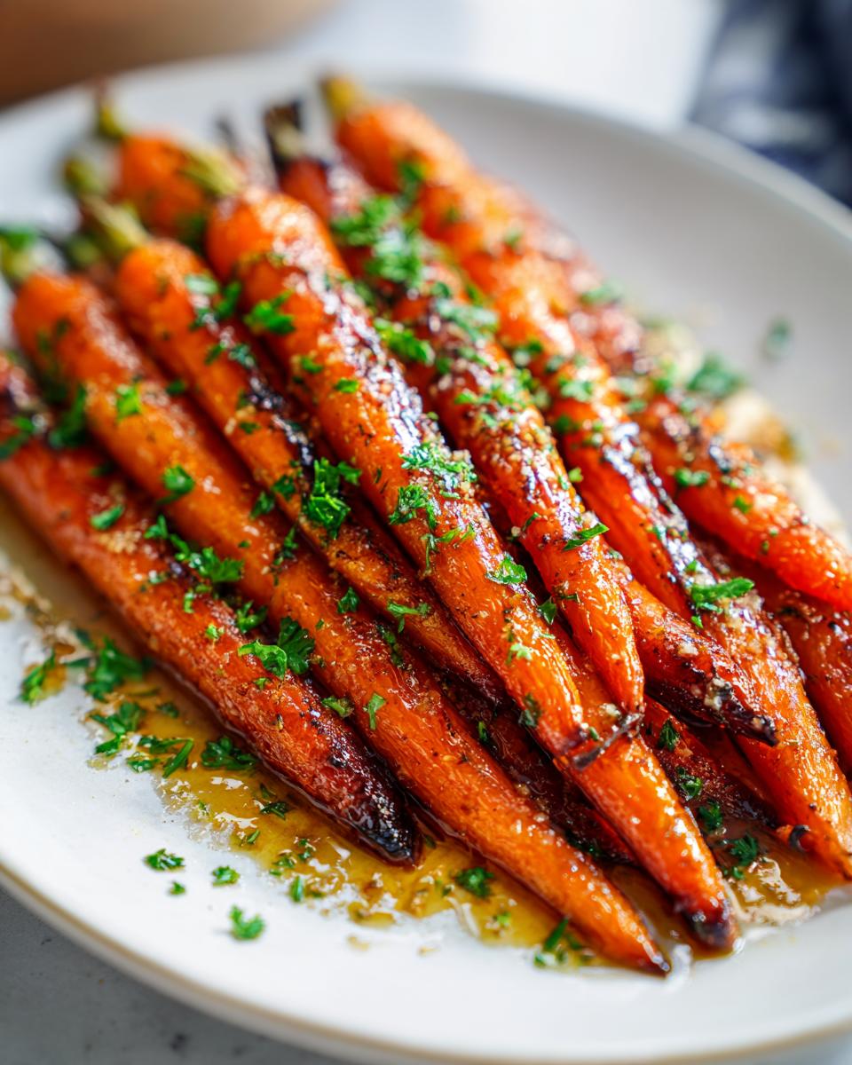 A close-up of roasted, whole honey glazed carrots glistening with sauce and topped with fresh chopped parsley.