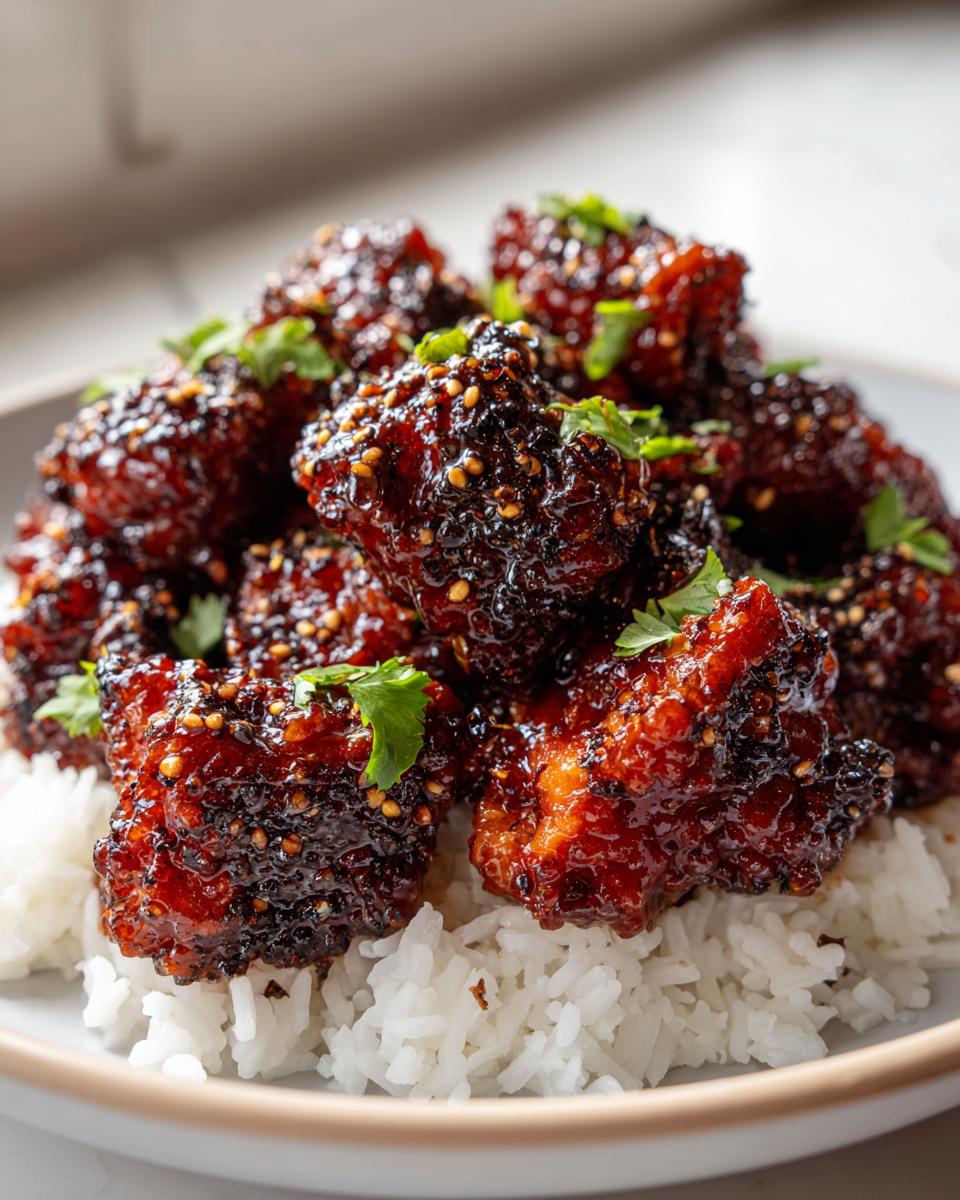 Close-up of sticky, dark glazed honey pepper chicken pieces served over fluffy white rice and garnished with cilantro.