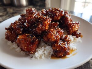 Close-up of sticky, glazed honey pepper chicken pieces served over a bed of white rice, sprinkled with sesame seeds.
