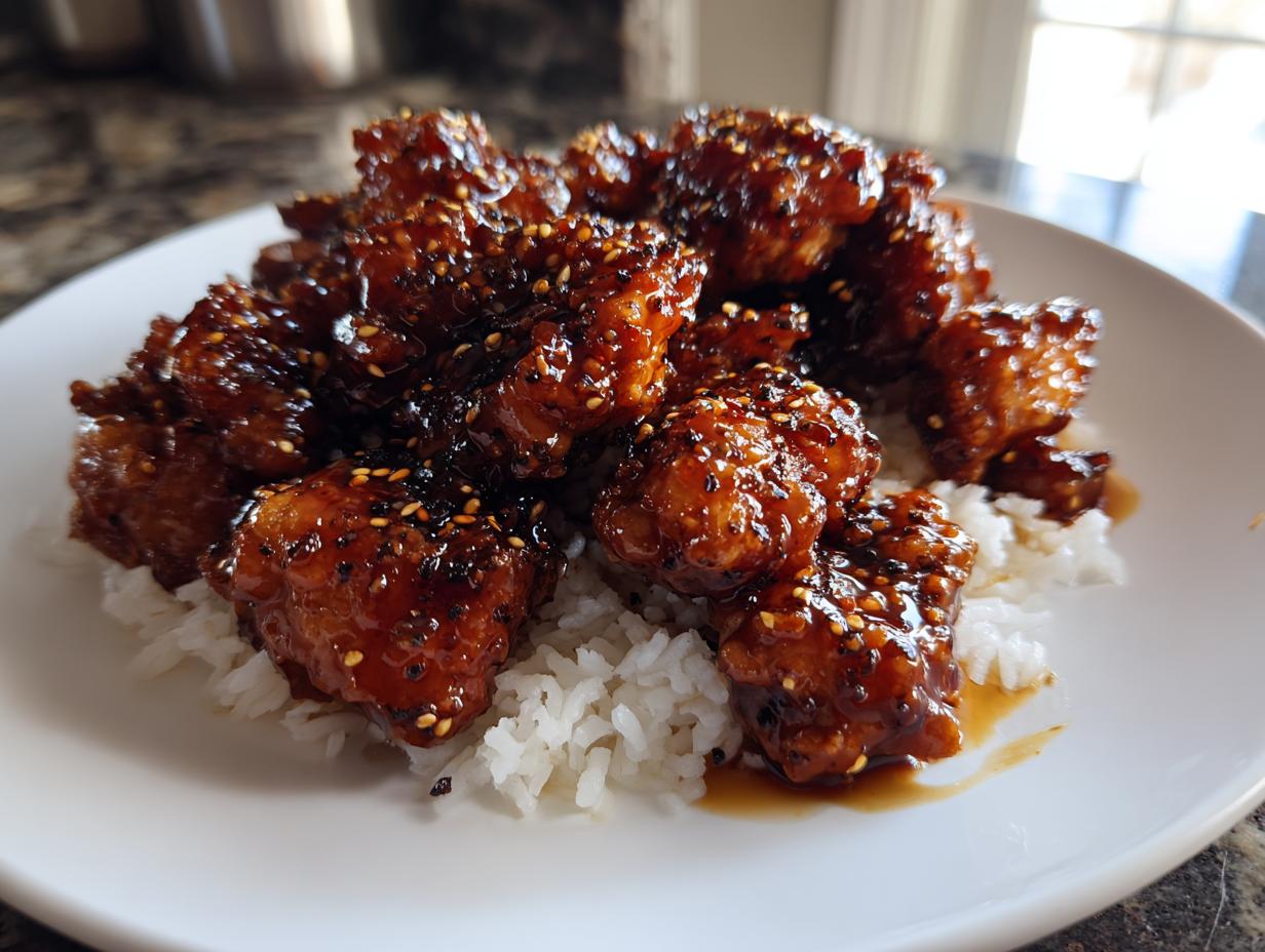 Close-up of sticky, glazed honey pepper chicken pieces served over a bed of white rice, sprinkled with sesame seeds.