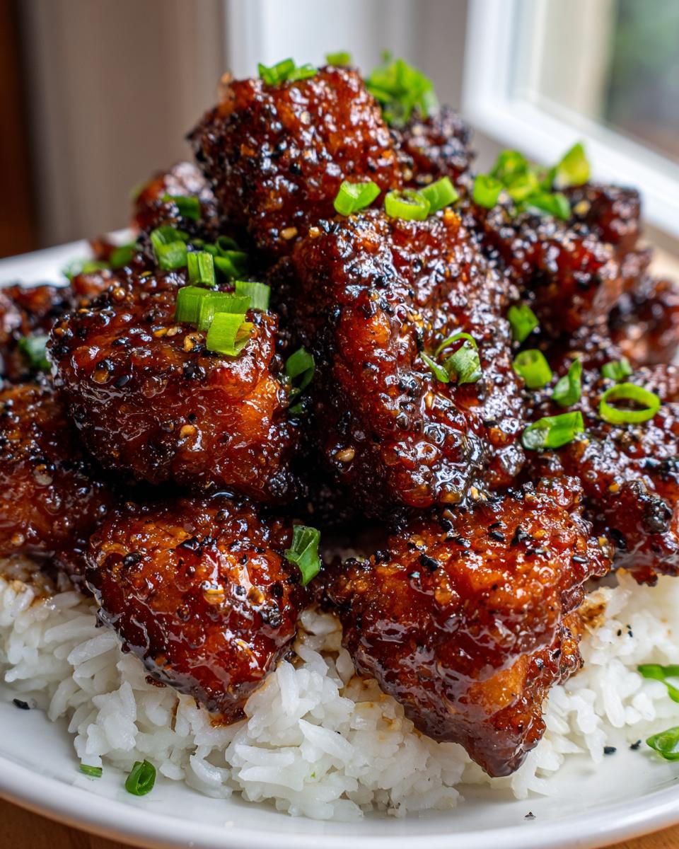 Close-up of sticky, glazed honey pepper chicken pieces piled high over white rice and topped with chopped green onions.