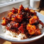 Crispy pieces of honey pepper chicken coated in a dark, glossy glaze and sesame seeds, served over white rice.
