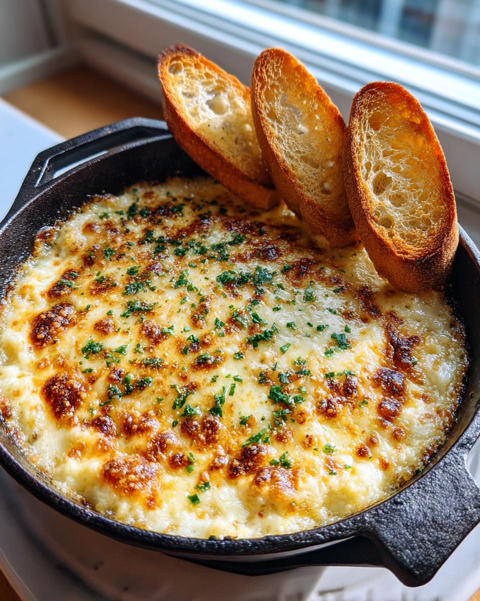 A bubbling, cheesy bread dip served hot in a cast iron skillet with three slices of toasted bread for dipping.
