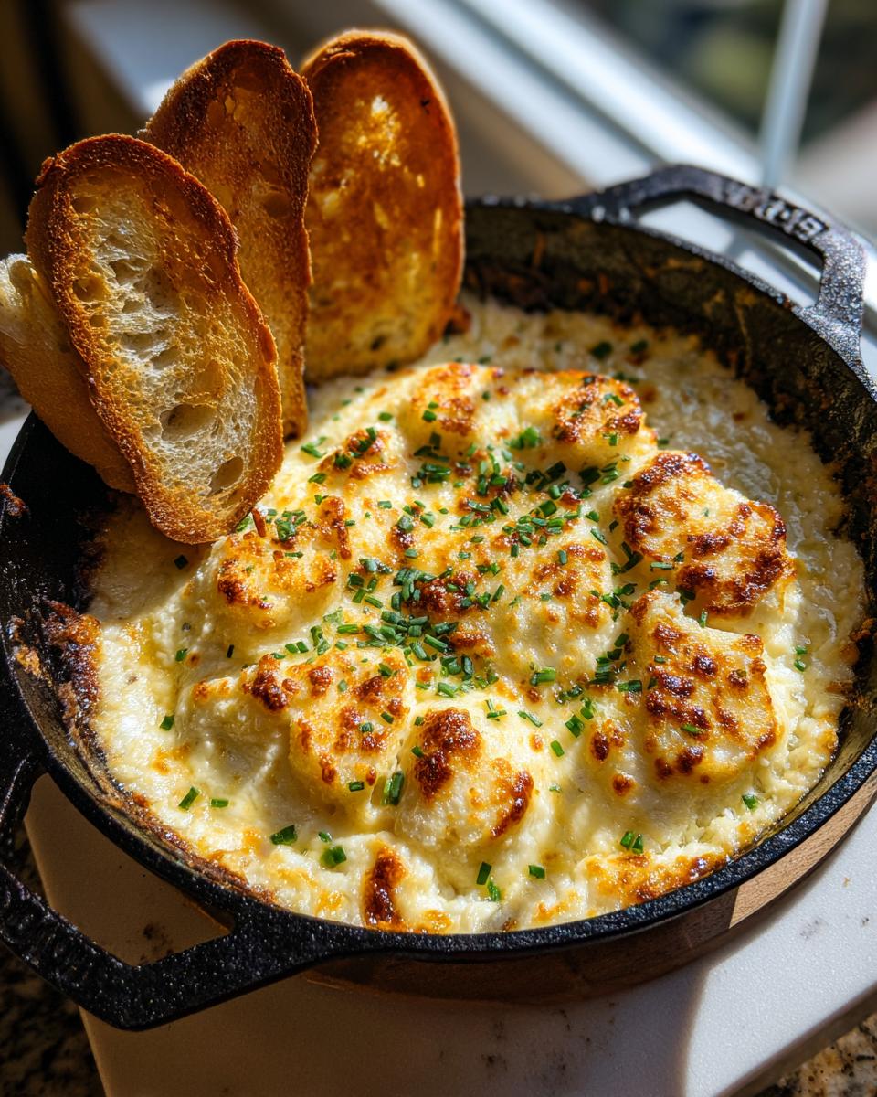 Close-up of a hot, cheesy bread dip baked in a cast iron skillet, topped with chives and served with toasted bread slices.