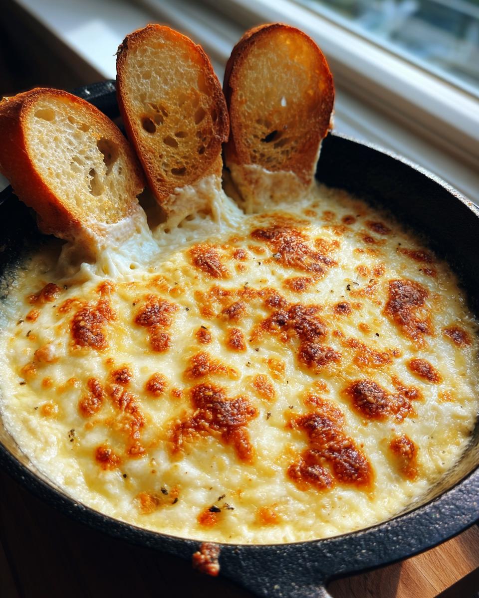 Close-up of a bubbling, cheesy bread dip in a cast iron skillet with three toasted baguette slices dipped in.