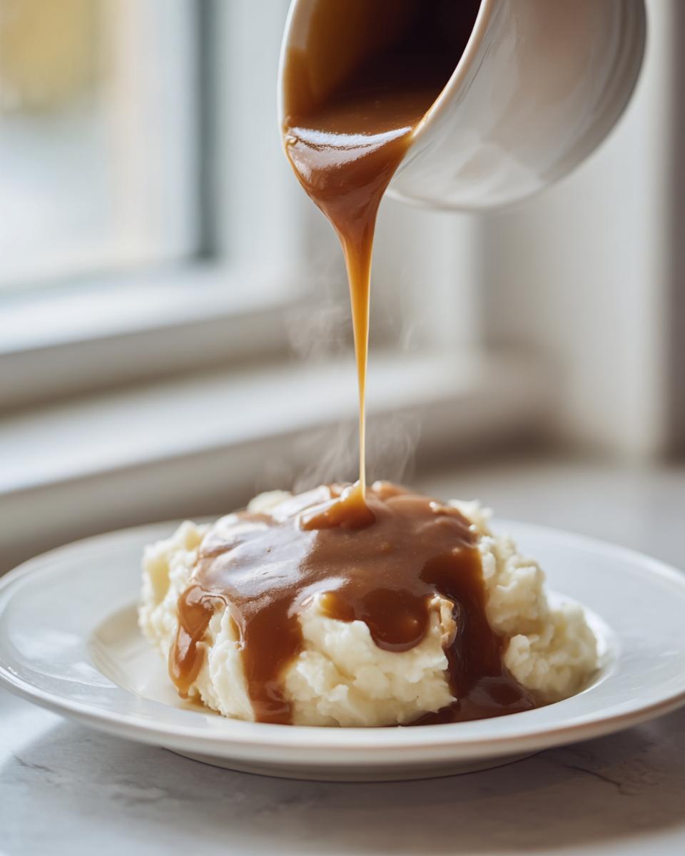 Hot, steaming chicken gravy being poured from a white pitcher onto a mound of mashed potatoes.