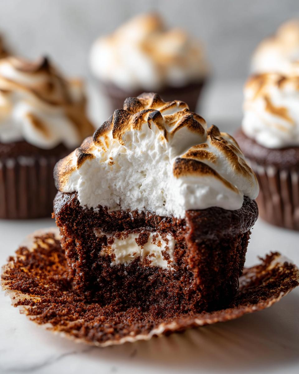 Close-up of a hot chocolate cupcake cut in half, showing a creamy white filling and toasted marshmallow frosting.