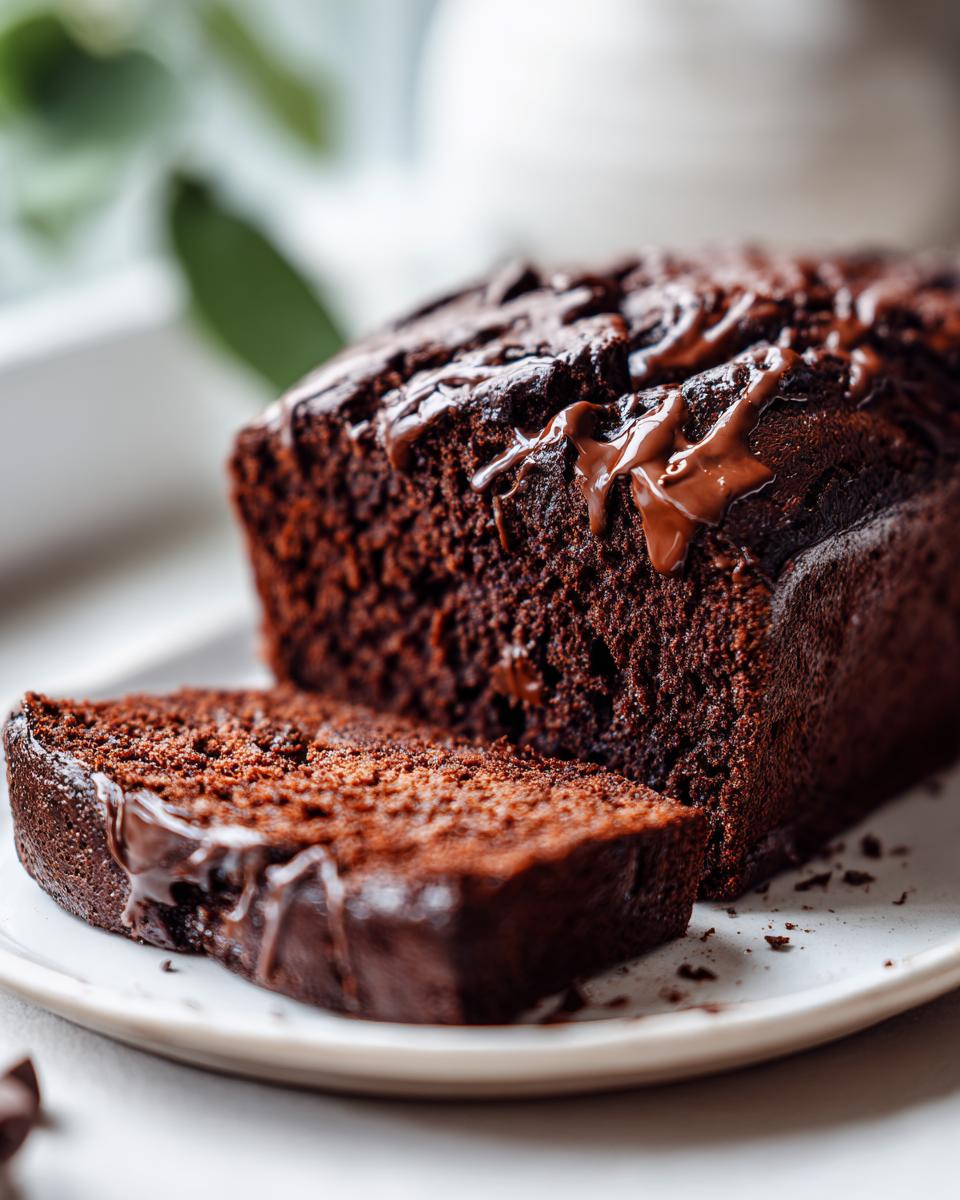 A moist slice cut from a loaf of rich hot fudge brownie bread, drizzled with melted chocolate.