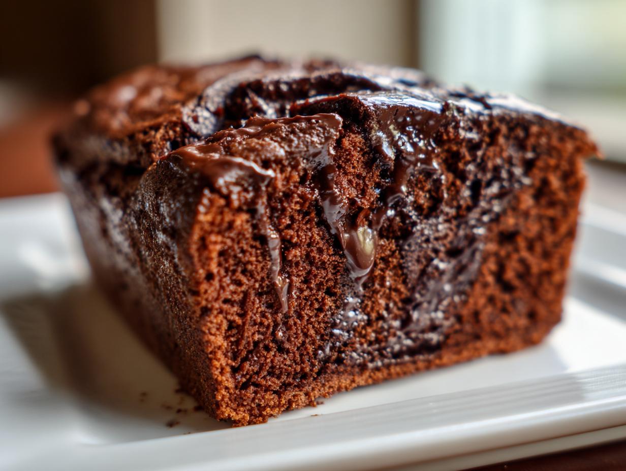 Close-up of a rich, dark slice of hot fudge brownie bread with glossy chocolate fudge dripping down the side.