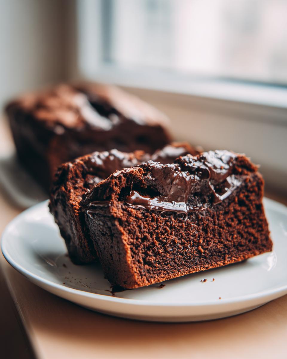 Two thick slices of rich, dark hot fudge brownie bread with melted chocolate topping on a white plate.