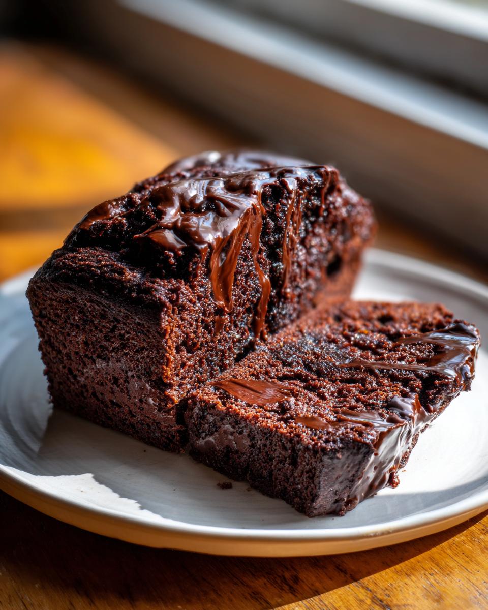 Two slices of rich, dark chocolate hot fudge brownie bread topped with a glossy, dripping chocolate glaze.