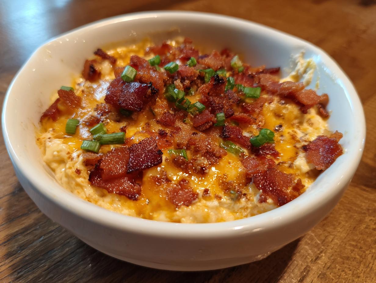 A close-up of hot, cheesy Million Dollar Dip served in a white bowl, generously topped with crumbled bacon and fresh green onions.