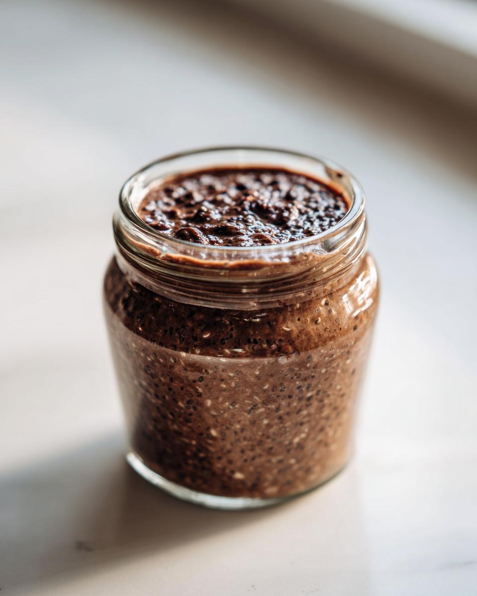 Close-up of a glass jar filled with thick, dark chocolate overnight oats, showing visible chia seeds.