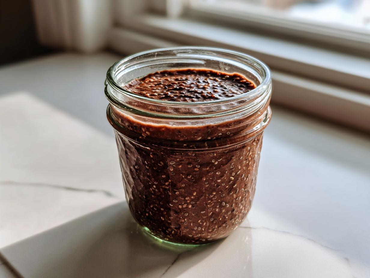 A glass jar filled with thick, dark chocolate overnight oats mixture, featuring visible chia seeds.