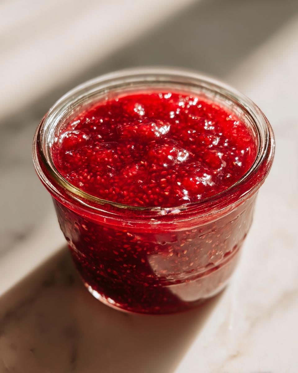 Close-up of a glass jar filled with vibrant red freezer jam, showing visible fruit seeds.