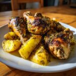 Close-up of juicy greek chicken drumsticks served with lemon-herb roasted potatoes on a white plate.