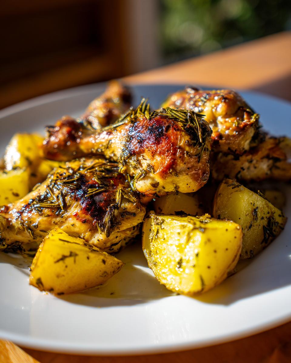 Close-up of juicy greek chicken drumsticks roasted with rosemary and served alongside golden roasted potatoes on a white plate.