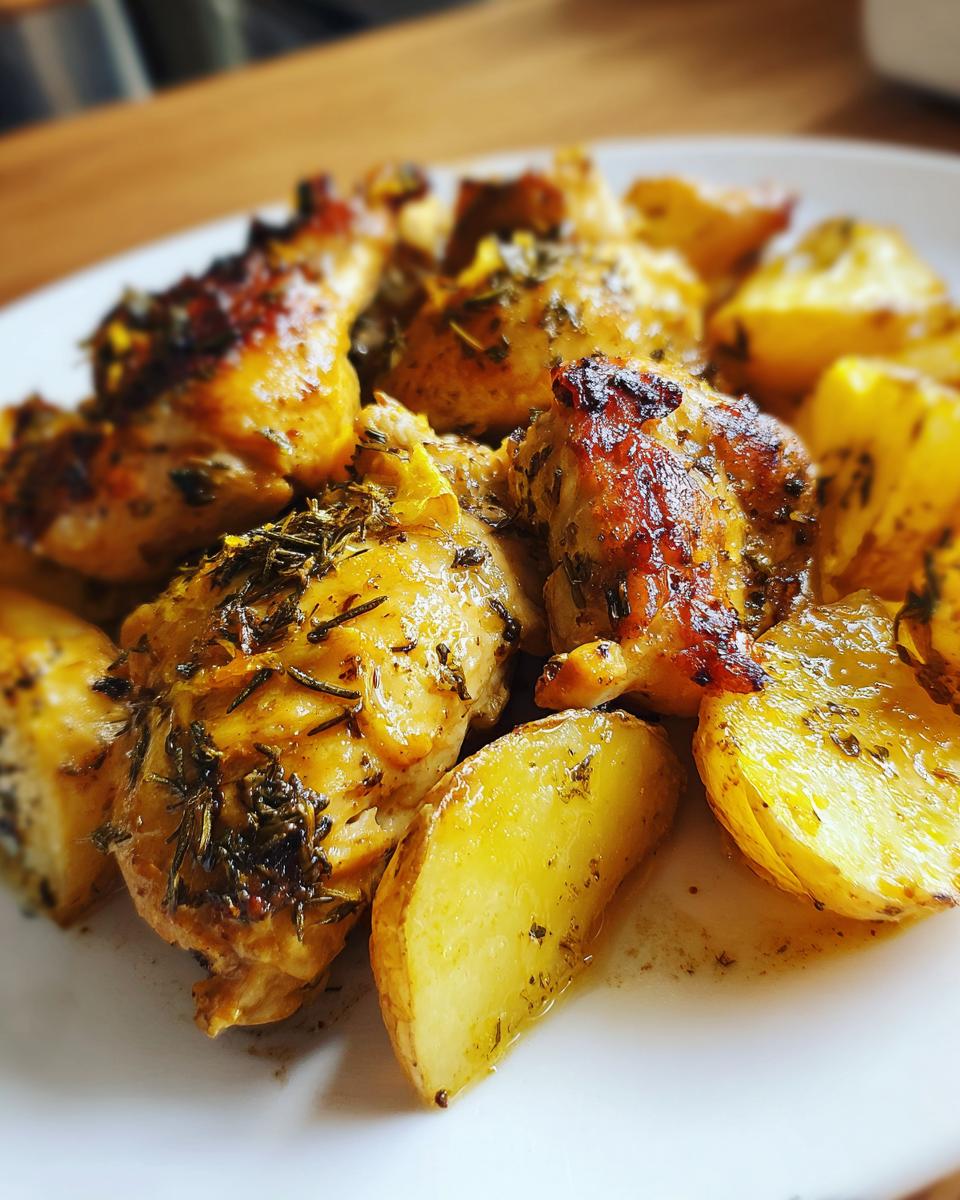 Close-up of juicy greek chicken pieces and roasted potato wedges seasoned with herbs.