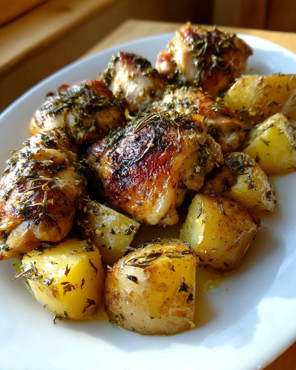 Close-up of juicy greek chicken thighs served with golden roasted potatoes seasoned with herbs.