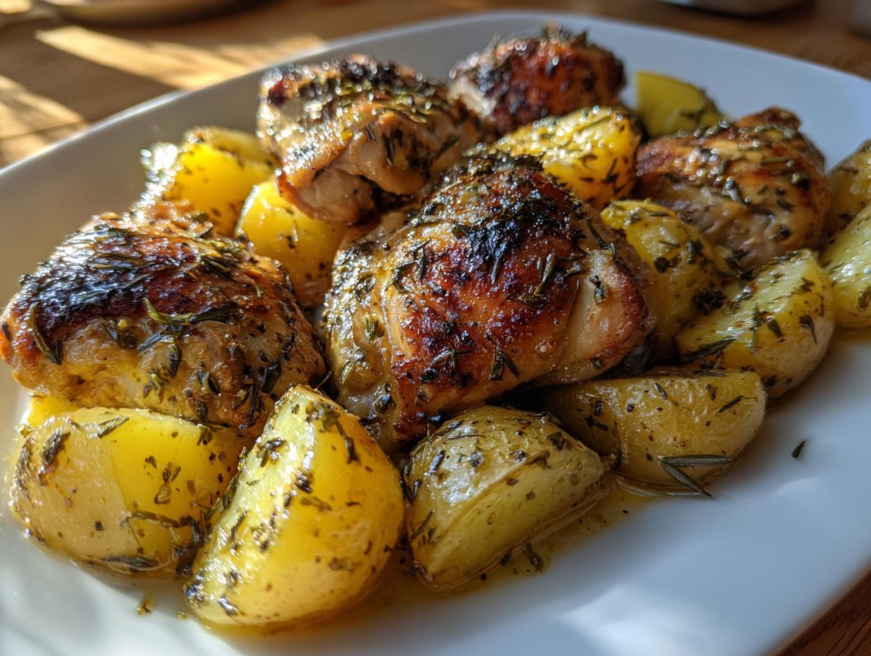 Close-up of juicy greek chicken thighs roasted with golden potatoes seasoned with herbs.
